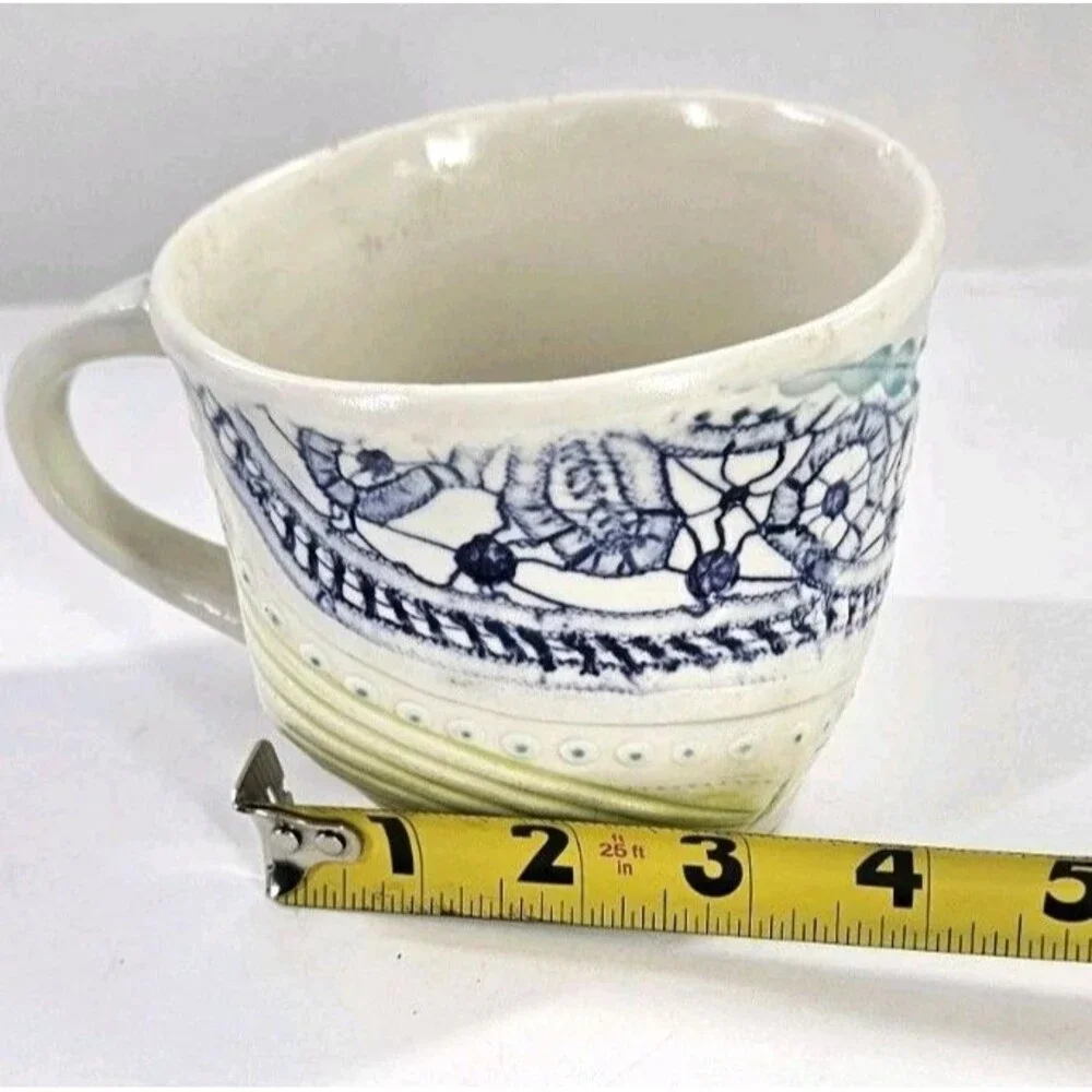 Studio Art Pottery Slab Built Coffee Tea Mug Abstract Floral Blue Green White Lg
